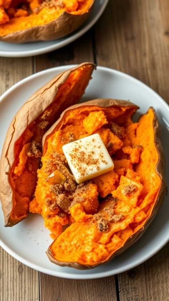 Air Fryer Baked Sweet Potatoes Recipe Baked sweet potatoes with butter and cinnamon on a rustic plate.